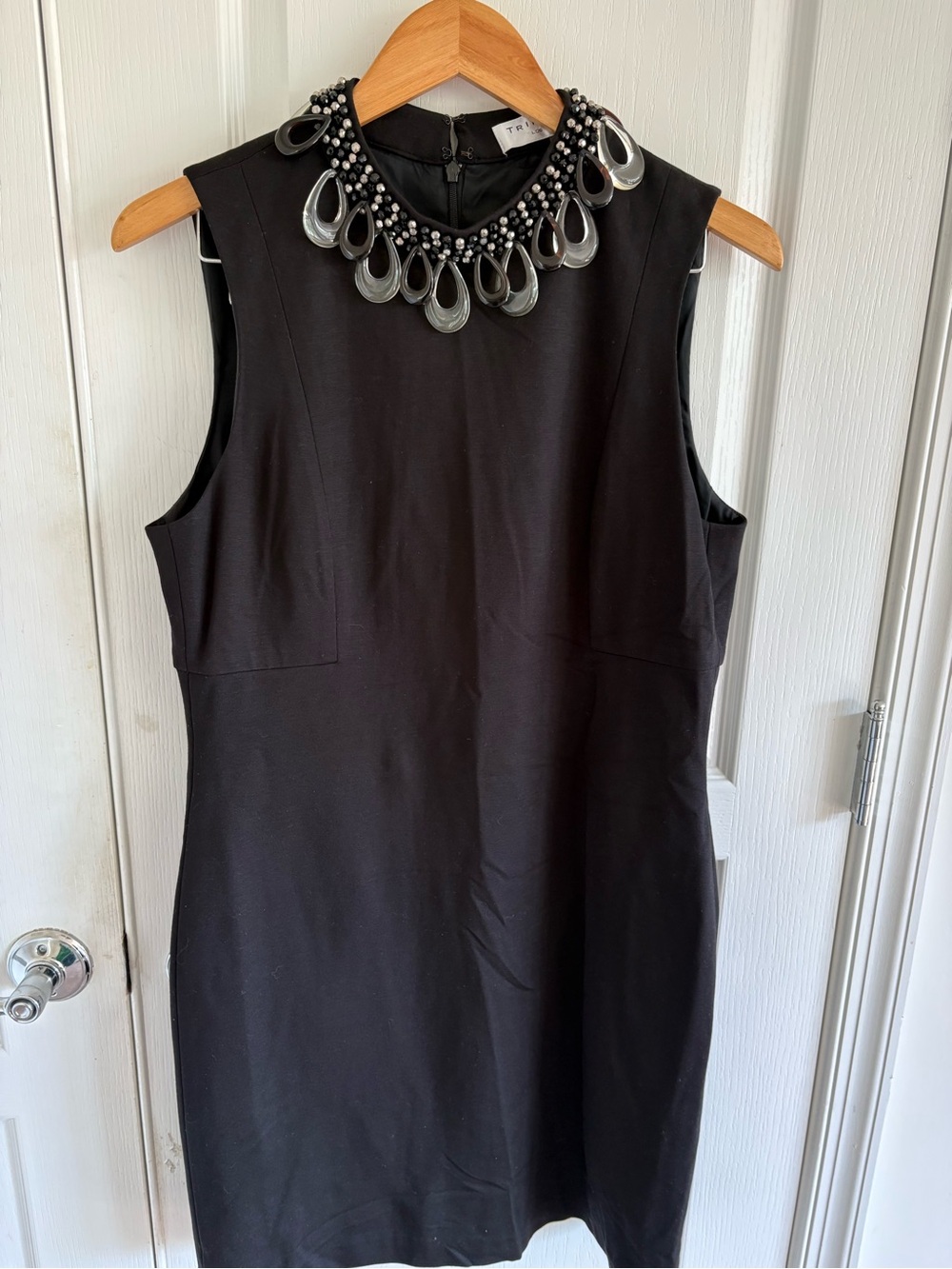 Trina Turk Black Sleeveless Dress with Beaded Teardrop Collar